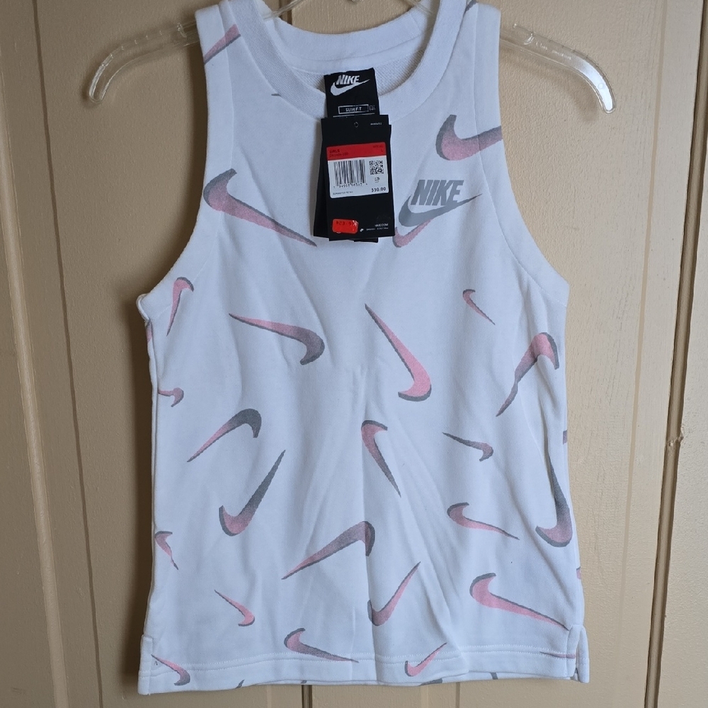 Nike White Tank Top with Pink & Gray Swoosh Pattern. Lt Sweater Material Inside